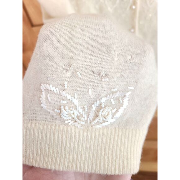 Vintage 1950s L XL 100% Wool Beaded Pearl Cardigan Pearlcore Holiday Winter Glam - Picture 5 of 8